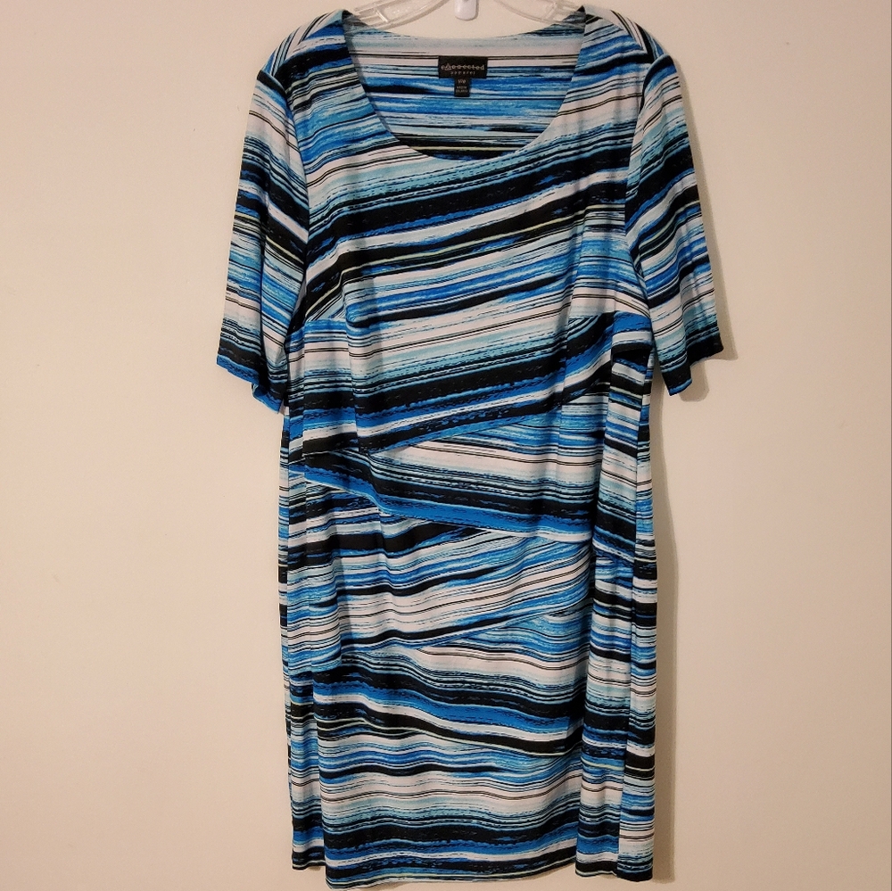 Connected Apparel Blue/Green/White Striped Tiered Shift Midi Dress
